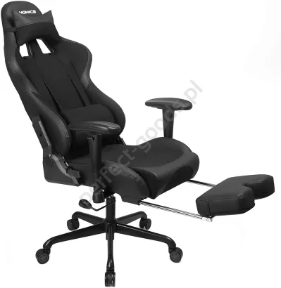 Czarny fotel gamingowy z podnóżkiem