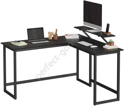Czarne narożne biurko z nadstawką na monitor